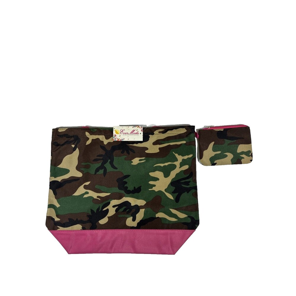 Ever Moda Camo Tote Bag Pink Trim Matching Wallet Hook Loop Closure 17" x 14"